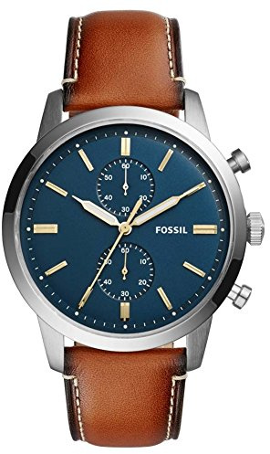 Fossil Watch for Men Townsman, Quartz Chronograph Movement, 44 mm Silver Stainless Steel Case with a Leather Strap, FS5279