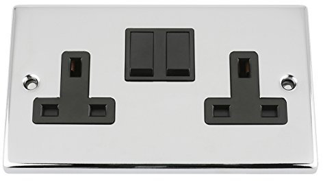 Polished Chrome Square Double Socket 2 Gang Black Insert Plastic Rocker Switch