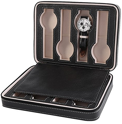 8 Grids Watch Display Storage Portable Watch Box Case Zippered Travel Collector Storage Organizer (Black)