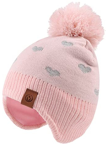 XIAOHAWANG Knitted Baby Hat Winter Warm Boys Girls Beanie Fleece Lining Toddler Kids Hat with Pompom (Pink Heart Hat, L)