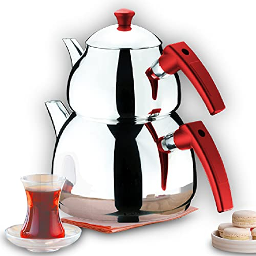Yagmur Théière turque en acier inoxydable pour cuisinière, théière de 1,8 l et bouilloire à thé de 2,8 l, double théière avec poignées en bakélite, style samovar, Mega