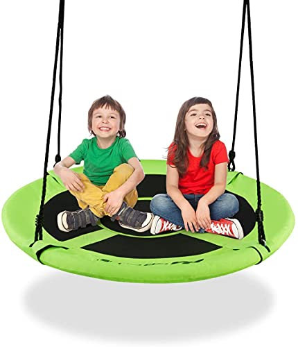GYMAX Altalena Rotonda a Nido da Giardino, Ø 100 cm, Portata Max. 150 kg, per Bambini e Adulti, Seduta in Tessuto Oxford, Telaio in Metallo, Corde Regolabile 100-180 cm, 5 Colori (Verde)