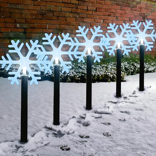 GloBrite 5 Pack Snowflake Garden Christmas Lights – LED Outdoor Christmas Decorations, Battery Powered 39cm Stakes - IP44 Waterproof Decorations & Ornaments for Garden & Pathways