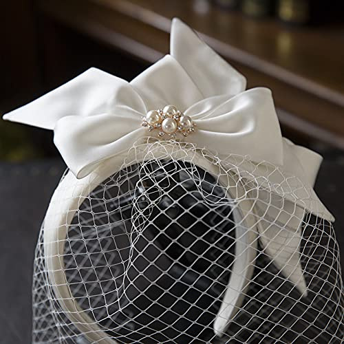 Hochzeit Braut Bowknot Stirnband Schleier, 2022 Weiß Tüll Mesh Schleier mit Perle Kurz Big Satin Bogen Knoten Braut Haarschmuck für Frauen und Mädchen Mode Stil
