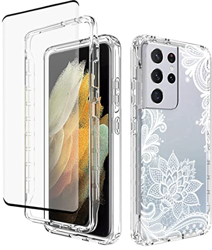 Yerebel Case for Galaxy S21 Ultra Case, SM-G998U with Tempered Glass Screen Protector, Floral Design Shockproof Bumper Full Body Protective Cell Phone Cover for Samsung Galaxy S21 Ultra 5G (Mandala)