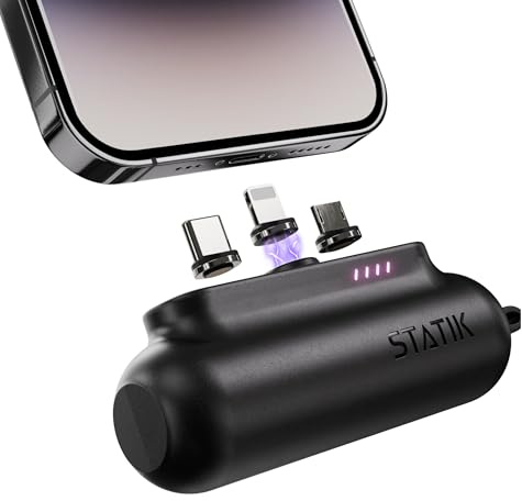 STATIK Snap-N-Charge Mini tragbares Ladegerät Powerbank, kompakte Powerbank mit 3000 mAh und 10 W Akku-Pack (Schwarz, universell)