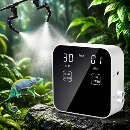 Reptiliennebel Automatik mit Timer Leise Nebelsystem für Terrarien | Leiser Betrieb, Wassermangel-Schutz, einstellbare 360°-Nebeldüsen, programmierbares Timing für Reptilien und Pflanzen