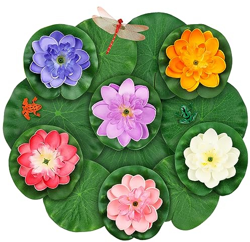 MicButty 16 Pcs Artificial Floating Foam Lotus Flower with Water Lily Pad, Pond Plants, Floating Lily Pads For Ponds, Artificial Water Lilies for Ponds Lifelike Ornanment for Garden Pond Decoration