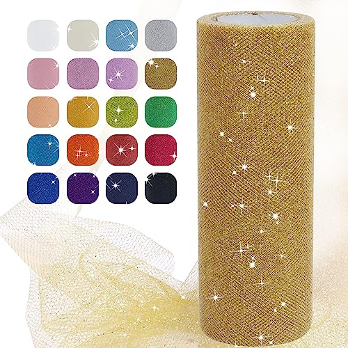 Uiopa Glitzer Tüll Gold, 15cm x 22,8m Glitzerstoff Polyester Tüllband Hochzeit Dekostoff, Tüll Stoff Rolle für Tutu-Röcke Party Hochzeit Tisch Deko Geschenkverpackung DIY-Handwerk