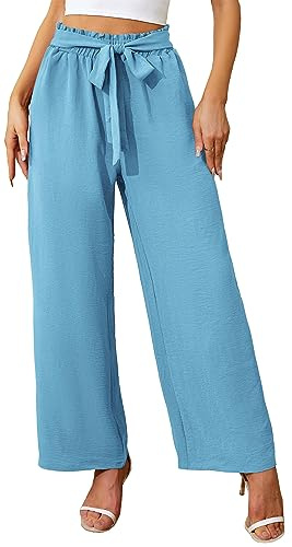 Actcat Pantalones de mujer con pierna ancha, ligeros y elegantes, cintura elástica, pantalones de verano con bolsillos para trabajo informal, azul claro, S