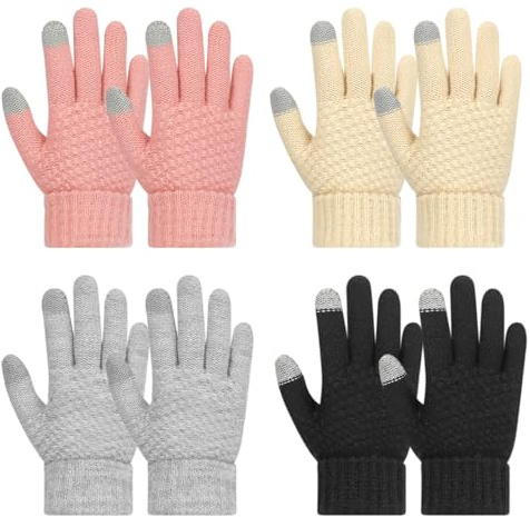 TAGVO 4 par magiska handskar för barn, vinter stretchhandskar termiska vinterhandskar hela fingrar för pojkar flickor, dubbla lager varma stickade handskar för skola, pendling, daglig användning i
