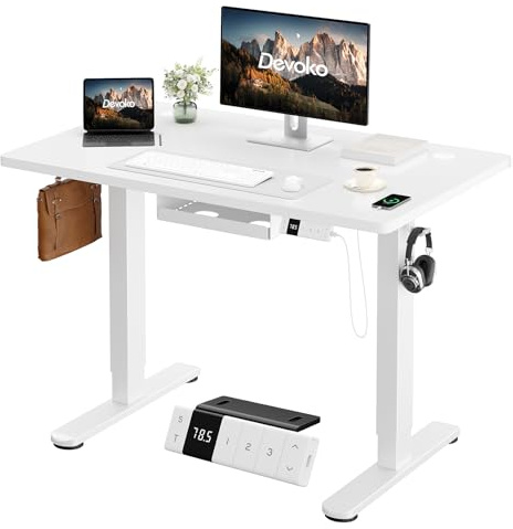 Devoko Bureau Assis Debout Électrique 120×80 cm, 3 Mémoires, USB, Blanc | Anti-collision, Roulettes, 70 kg, 72-119 cm, rangement câbles, 2 crochets, certifié 50% recyclé, montage 30 min