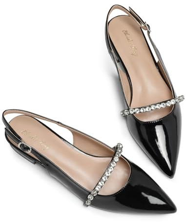Zhabtuc Ballerines à Bride arrière pour Femmes avec Strass et Bout Pointu pour Femmes Chaussures habillées, Vernis Noir, 41 EU