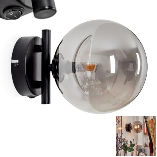 Wandleuchte Chehalis, Wandlampe aus Metall/Glas in Schwarz/Rauchfarben, Leuchte im modernen Retro/Vintage-Design mit Schirm aus Glas (Ø 15 cm) u. An/-Auschalter am Gehäuse, 1 x G9, ohne Leuchtmittel