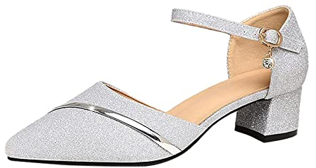 Riemchenpumps Damen mit Blockabsatz Glitzer Spangenpumps Elegant Silber Tanzschuhe Stöckelschuhe Bequem Riemchen Hochzeitsschuhe Brautschuhe Vorne Geschlossen High Heels