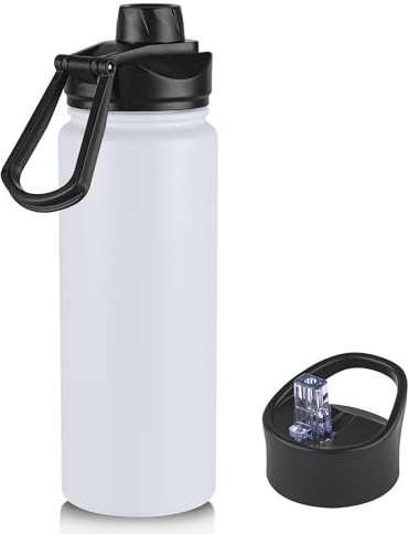 24oz Insulated Water Bottle with Straw Lid, Stainless Steel Metal Water Bottle with Straw & Wide Mouth Lid, Double Wall Vacuum Water Bottle for Hiking Camping, White 1 Pack