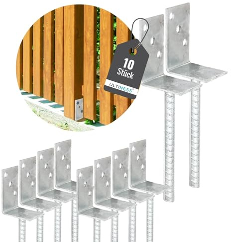 ULTINESS L-Pfostenträger 60x80mm, feuerverzinkt, mit Betonanker 200 mm [10 Stück] | mit Riffeldolle zum Einbetonieren, robust & optimal für Zaun-, Holz- & Pergolenbau