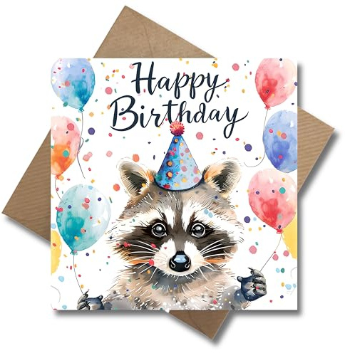 WBdesignz Happy Birthday Waschbär Karte zum Geburtstag - Geburtstagskarte Racoon Geschenk Glückwunschkarte Geburtstag (125 x 125 mm)