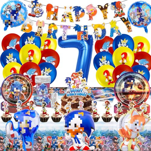 89PCS Birthday Party Decorations, 7th Cartoon Birthday Tableware Supplies, Theme Birthday Party Supplies Banner Foil Balloons Cake Topper Paper Plates Cups Tablecloth Napkins for Kids