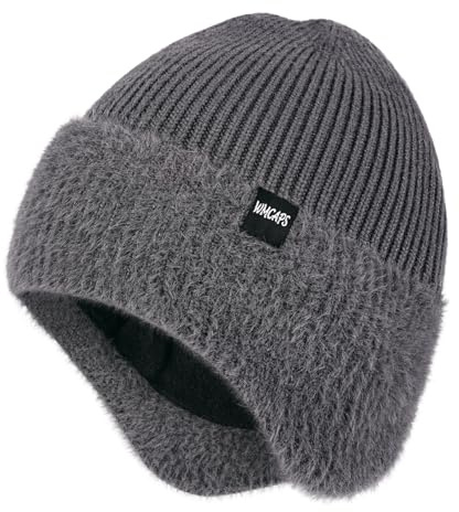 Wmcaps Winter Beanie for Men with Earflaps，Unisex Thick Warm Knit Hat with Ear Flaps，Fleece Lined Woolly Hats for Outdoor Activity-Charcoal Gray