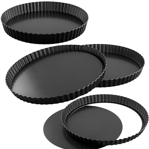HONYUET 4PCS 12 Inch Quiche Tin with Loose Bottom, 30cm Non Stick Flan Tart Pie Pan for Baking
