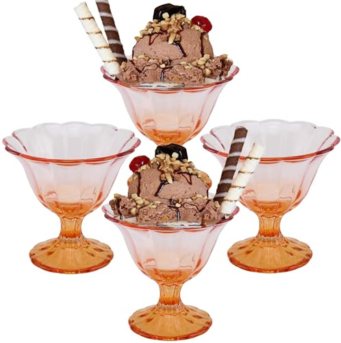 FESTLOVE Iced Cream Dessert Bowls, 10 Oz Set of 4 Glass Bowl Footed Dessert Cups, Orange Clear Drinking Cup for Sundae, Dessert, Candy, Fruit, Ice Cream, Snack Pudding