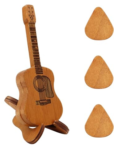 Holz Akustik Gitarre Plektrum Box mit Ständer und 3 Holzplektren, Gitarrenplektrenhalter Graviert Plektrum Etui für E-Bass Liebhaber