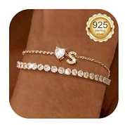 LOLIAS Oro Bracciale Personalizzato Donna 925 Sterling Silver Cavigliera Tennis Braccialetto Cuore Iniziale Ciondolo Strati Braccialetti Amicizia Estate Spiaggia Piede Regali Gioielli S