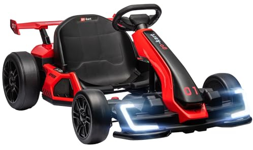 HOMCOM Kinder Elektro Gokart 24 V Driftmodus 6-12km/h für 6-12 Jahre Rot | Langsamer Start, 3-Fach Verstellbarer Sitz, Anzeige Musik, Sicherheitsgurt, Drift Kart, Go Kart, Kinderfahrzeug