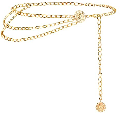 Nackiy Western Chain Belts for Women, Gold/Silver Boho Cowgirl Waist Belt, Sizes 43/47/51in, Dress & Jeans Accessory(GoldMultilayer Chains110cm)