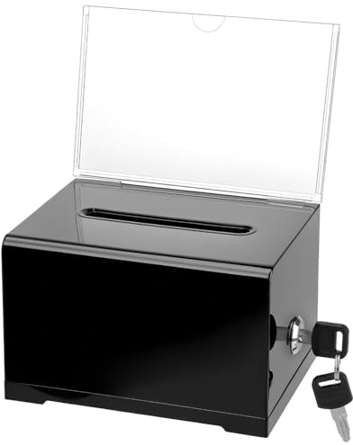 QWORK® Caja de donación de acrílico negro con cerradura y soporte para cartel, 16 x 12 x 10 cm, caja de sugerencias y votación