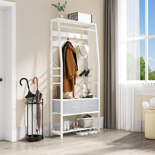 YITAHOME Garderobenständer mit Schuhbank Schuhregal, 8 Haken, Weiß | Kleiderschrank 6-in-1: Kleiderstange, Garderobe, Schuhbank, Schuhregal, 2 Schubladen, 8 Haken, Vintagebraun, 80x30x180cm