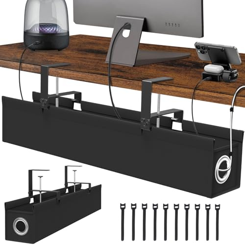 Suolaao Under Desk Cable Management Tray, Premium Oxford Fabric Desk Cable Organizer with No-Drill Installation, Large Capacity Clamp/Screw Mount Wire Management Tray for Home Office Study