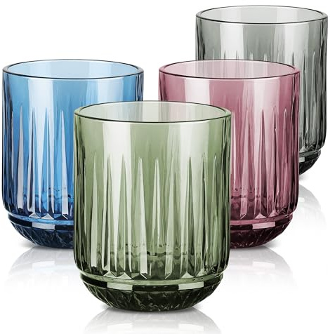 Joeyan Lot de 4 Multicolore Verres à Boire,260ml Verres à Eau Décoré en Strié Relief,Moderne Verre de Table Pour Eau Gazeuse,Jus de Fruits,Apéritif et Bière,Lavable Lave-Vaisselle(Bleu Gris Vert Rose)