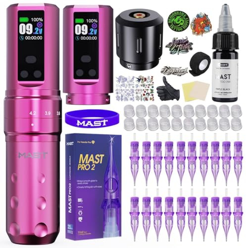 Mast Fold2 Pro Kit Tatuaggio Senza Fili, Penna Professionale Rotativa | 2 Batterie 2000mAh, RCA Connect, Aghi E Inchiostro Nero, Set Completo,Rosa
