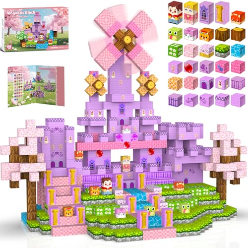 Magnetic Blocks Toys for Kids, 150Pcs Building Blocks Cubes (Pink Castle) | STEM Sensory Toys with Pink Castle Build–Creative Magnet Tiles for Kids Ages 3+, Boys & Girls–Christmas Birthday Party Gifts