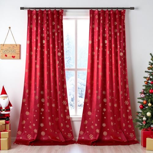 PLODAXE Weihnachtsvorhänge Samt mit Schneeflocken Goldfolie Muster, 2er Set H214xB132cm Schöne Samtvorhänge Kräuselband, Blickdicht Gardinen Thermovorhang für Wohnzimmer Schlafzimmer (Weihnachtsrot)