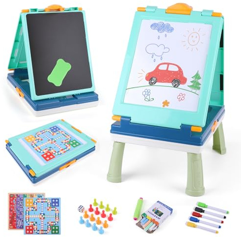4 in 1 Double Sided Art Easel for Children, Foldable Kids Easel with Chalkboard & Whiteboard Kit, Detachable Kids Whiteboard, Toddler Toys, Educational Toy for Girls