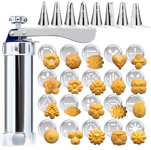 Gebäckpresse, Spritzgebäck Presse mit 20 Schablonen und 8 Tüllen, Gebäckpresse für Spritzgebäck, Kekspresse Plätzchenpresse Gebäckspritze Set Backzubehör für Kuchen Dessert DIY Maker Cookie Presse