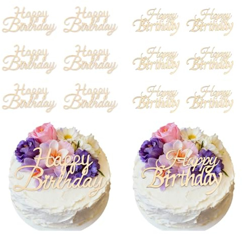 12pcs Gold Mirror Acrylic Cake Topper, 2 Style Pretty Handwritten Font Happy Birthday Cupcake Decorations with Heart and Star Patterns for Birthday Cake or Dessert Decoration