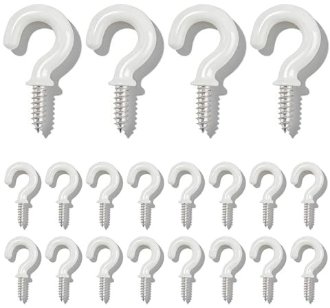 Phonojen 20Pcs White Cup Hooks, 0.4 Mini Small Metal Screw-in Cup Hooks for Hanging Plants, Ceiling Hook for Indoor Outdoor Use, Screw in Hook for Wood