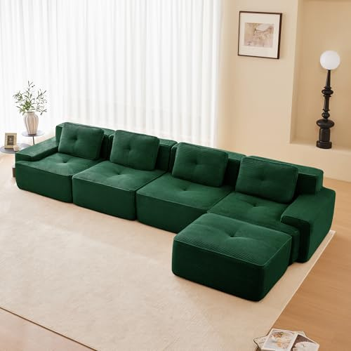 Bladez Modulares Cord Sofa L-förmiges Ecksofa Schlafsofa mit Hocker, Komfort & Tiefsitz-Unterstützung, Ohne Montage 32D Hochelastische Schaum Boneless Sofa for Wohnzimmer (Grün, 4-Sitzer+1)
