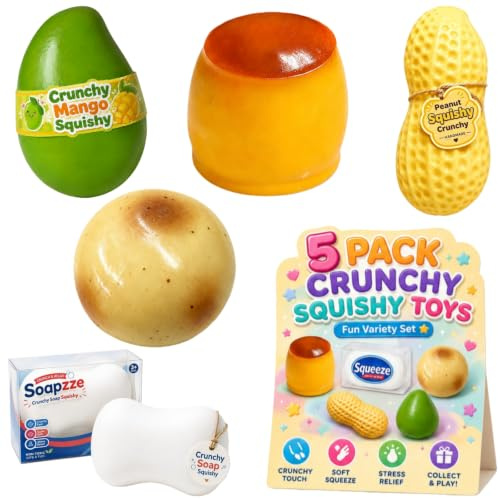 5 st krispig mango jordnötspotatis tvål pudding squishy set, långsam stigande realistisk amsr stressboll, texturerad sensorisk boll för ångesthantering festgåvor