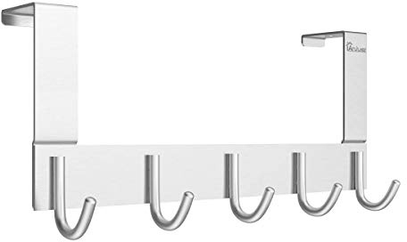 Anjuer Türhaken-Aufhänger, Aluminium, Utility-Organizer, Handtuchhaken, Halter für Küche, Badezimmer, 5 Haken über der Tür, Silber