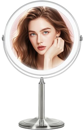 VESAUR 15X Magnifying Mirror with Light, 9.5 Large 5000mAh Rechargeable Double Sided HD Lighted Makeup Mirror with 3 Touch Dimmable Light, 360° Swivel Detachable for Travel Vanity Mirror Nickel, Gifts