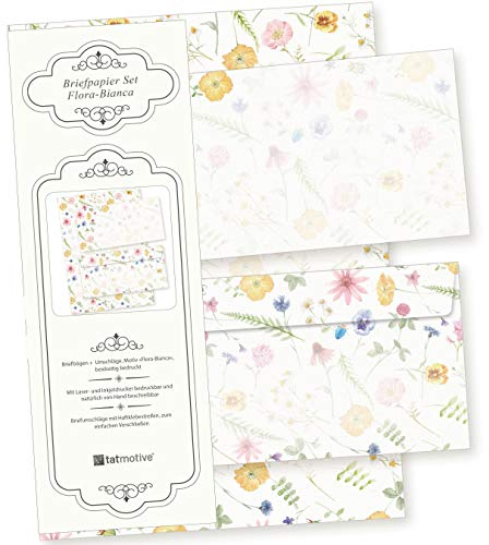 Flora Bianca Briefpapier mit Umschlag Set Vintage Blumen 100 Sets Papier DIN A4 beidseitig floral Natur nachhaltig für Frauen Erwachsene Brief Set