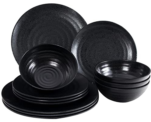 Camping Geschirr Set Melamin 4 Personen elegante schwarz 12 teilig Tassen