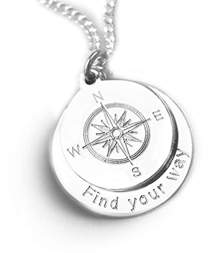 Kompass Kette mit Gravur, 925 Silber, Doppelanhänger & Silberkette, Personalisiertes Geschenk für Frauen