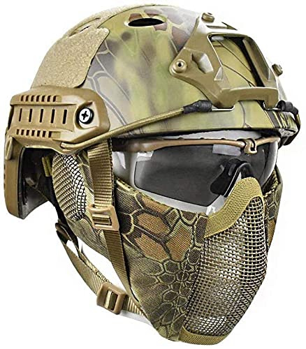 PJ Type Tactical Paintball Airsoft Casco rápido Multifuncional y protección de Orejas Correas Dobles Plegables Máscara de Malla de Media Cara y Gafas