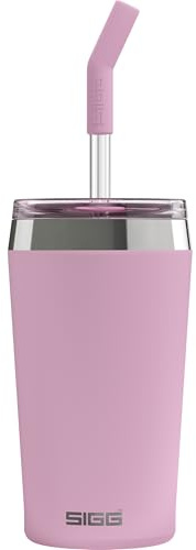 SIGG Helia Kaffemugg to go (0,45 l), dubbelväggig isolerad termosmugg med glassugrör, läckagesäker rostfritt stål tumlare för varma och kalla drycker - Lingonberry